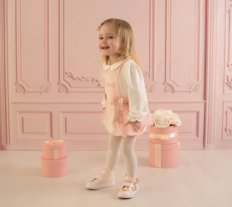 AW23 Little A ELLA Baby Pink White & Gold Logo Bows Lurex Frill Romper