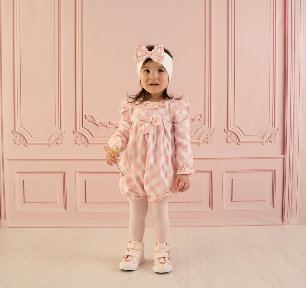 AW23 Little A EVIE Baby Pink & White Bow Check Frill Romper