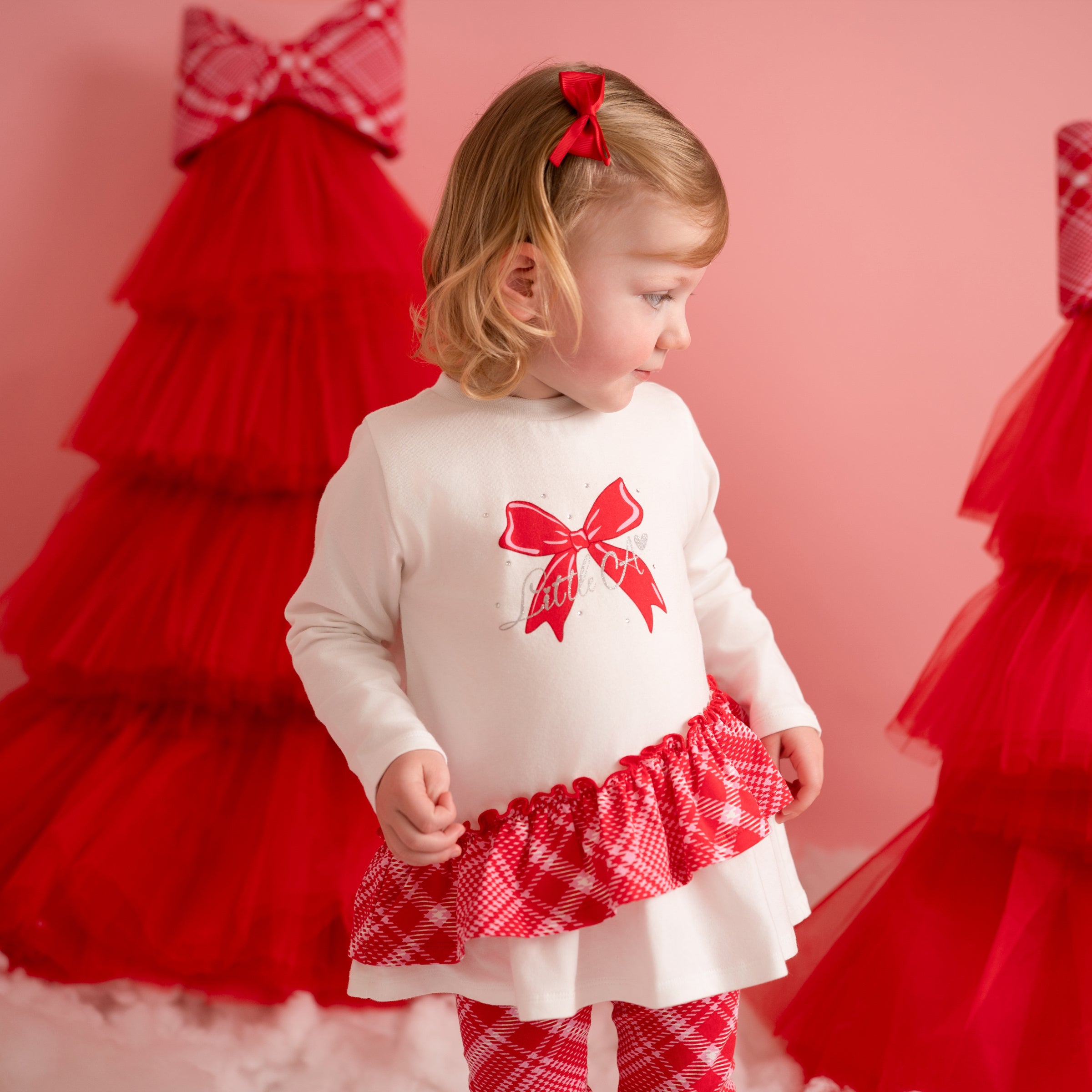 PREORDER AW25 Little A KIARA White & Red Bow Check Frill Leggings Set