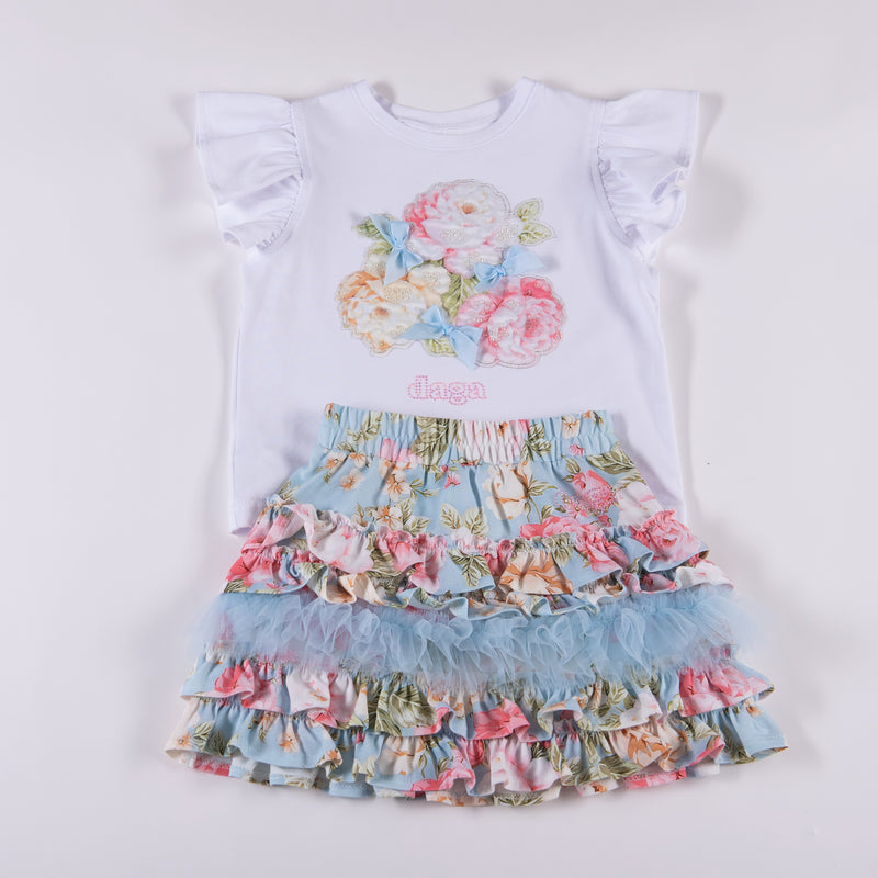 SS24 Daga White & Blue Floral Frill Tulle Skirt Set