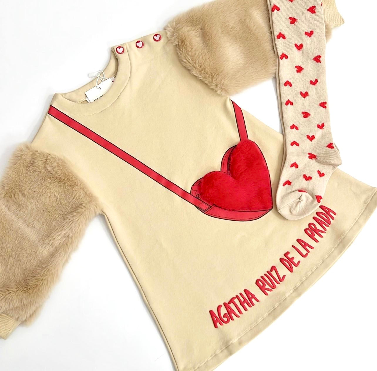 Agatha Ruiz De La Prada Baby Girls Beige & Red Heart Handbag Dress With Tights
