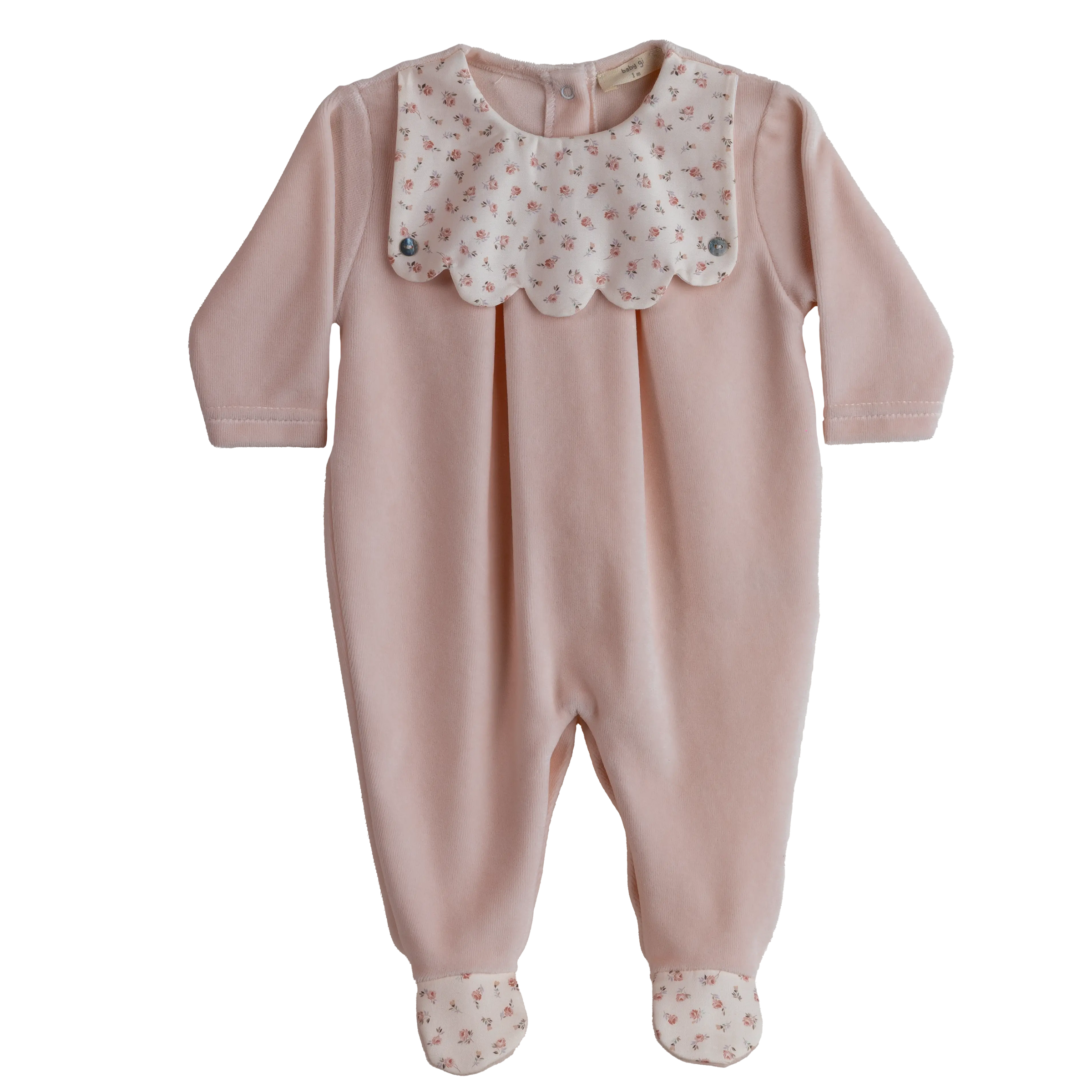 Baby Gi Peach Pink Velour Floral Scallop Babygrow