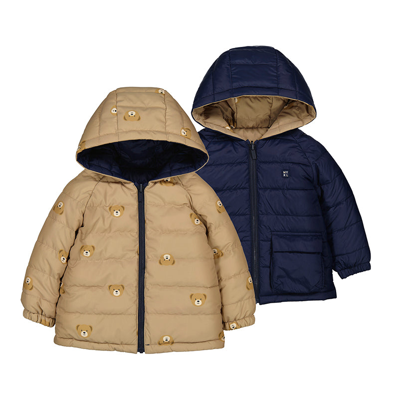 AW25 Mayoral Navy & Beige Teddy Bear Reversible Hooded Coat