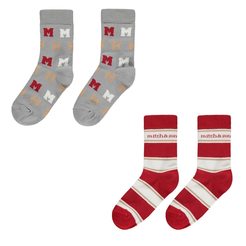 AW23 Mitch & Son OSWALD Red Grey & White Striped Logo 2 Pack Of Socks