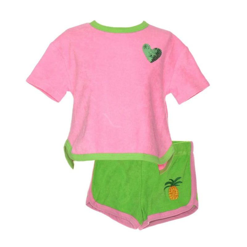 SS24 Agatha Ruiz De La Prada Junior Pink & Green Heart & Pineapple Terry Towelling Short Set
