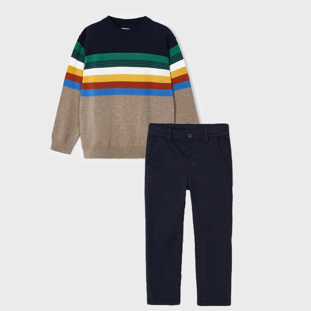 AW23 Mayoral Navy & Beige Multicoloured Striped Jumper & Trousers Set