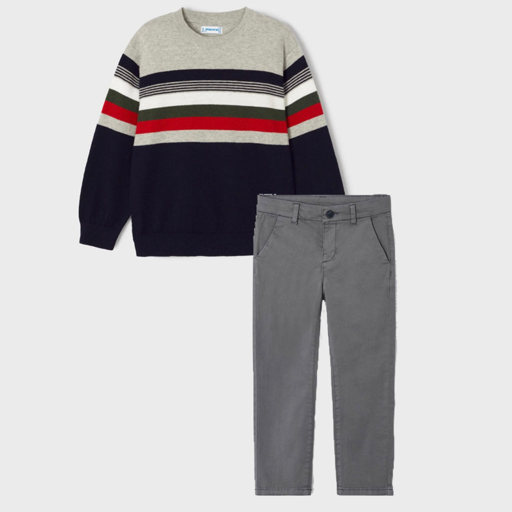 AW23 Mayoral Grey & Navy Multicoloured Striped Jumper & Trousers Set