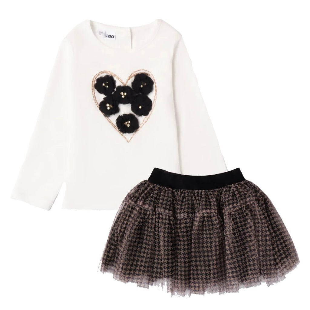 AW23 iDO Black & Cream Houndstooth Glitter Heart Skirt Set