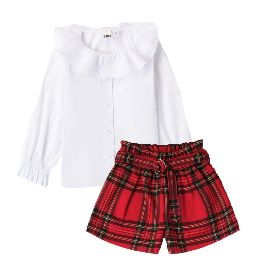 AW23 iDO White & Red Collared Shirt & Tartan Shorts Set With Bag