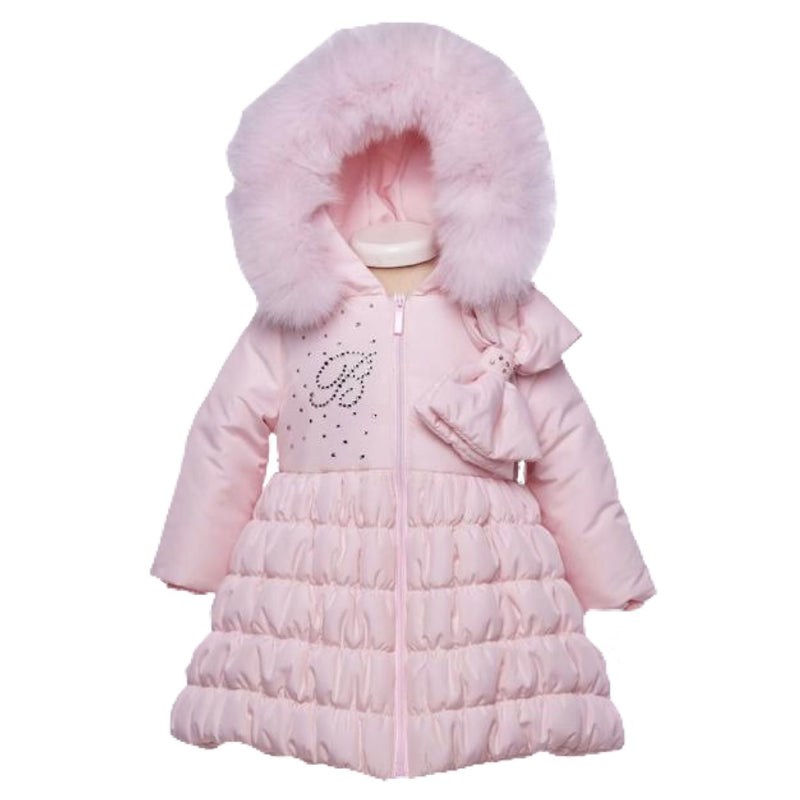 AW23 Bimbalò Pink 'B' Bow & Gems Hooded Fur Coat