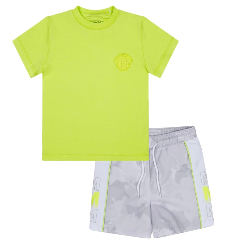 SS24 Mitch & Son Junior WILSON & WILLIS Lime Sherbet & Light Grey Badge T-Shirt & Camo Swim Short Set