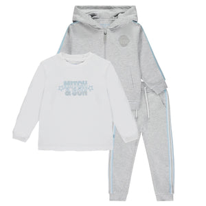 AW23 Mitch & Son NATE & NIGEL Grey Blue & White Rubber Logo Striped Tape Zipper 3 Piece Hooded Tracksuit