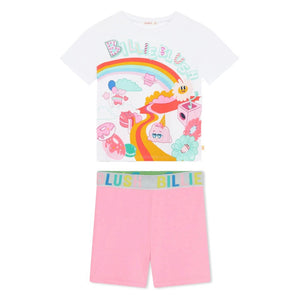 SS24 Billieblush White & Pink Rainbow Road Logo T-Shirt & Cycling Short Set