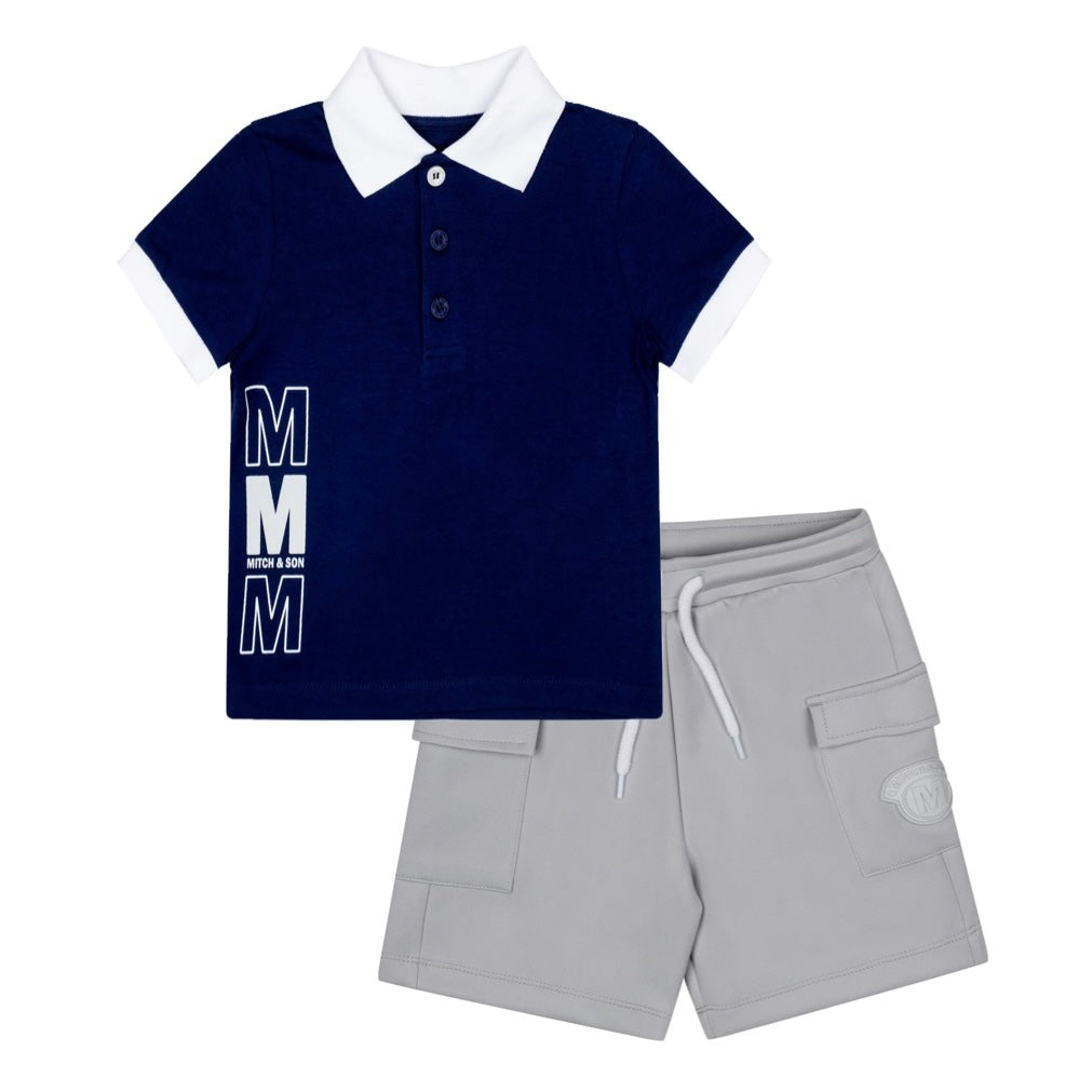 SS24 Mitch & Son Junior WELLS & WYLIE Blue Navy & Light Grey Triple 'M' Polo & Knitted Poly Short Set