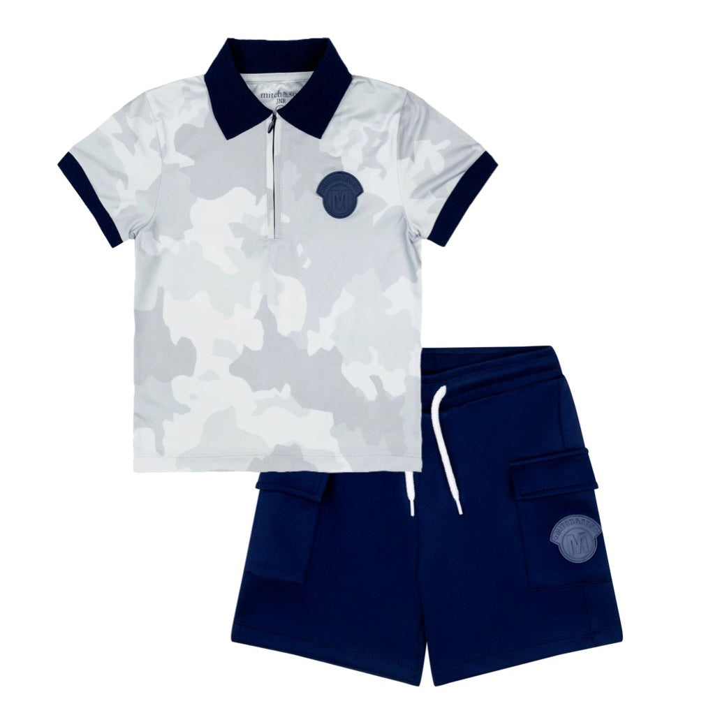 SS24 Mitch & Son Junior WARREN & WYLIE Light Grey & Blue Navy Camo Polo & Knitted Poly Short Set