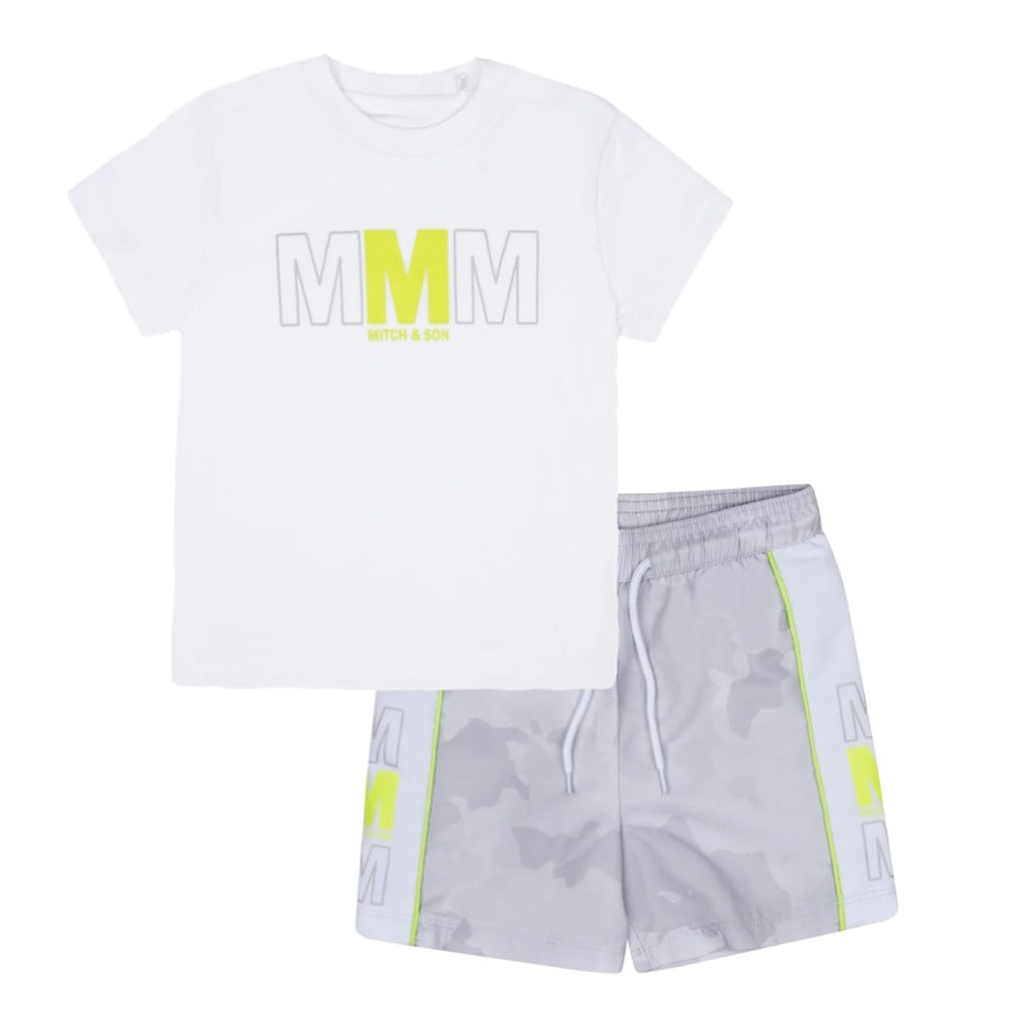 SS24 Mitch & Son Junior WINSTON & WILLIS Bright White & Light Grey Triple 'M' T-Shirt & Camo Swim Short Set