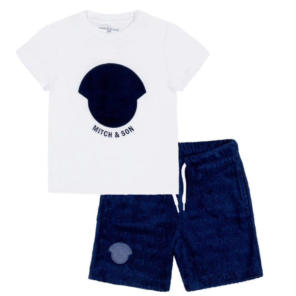 SS24 Mitch & Son Junior WILMER & WHITMORE Bright White & Blue Navy Terry Towelling T-Shirt & Short Set