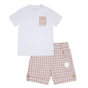 SS24 Mitch & Son TROY & TOBIAS Bright White & Sand Gingham Pocket T-Shirt Short Set