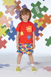 SS24 Mitch & Son VINNY & VALE Bright Red & Multicoloured Jigsaw T-Shirt & Swim Short Set