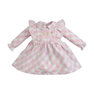 AW23 Little A ELISHA Baby Pink White & Gold Logo & Bows Checked Frill Dress