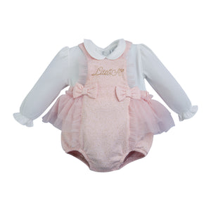 AW23 Little A ELLA Baby Pink White & Gold Logo Bows Lurex Frill Romper