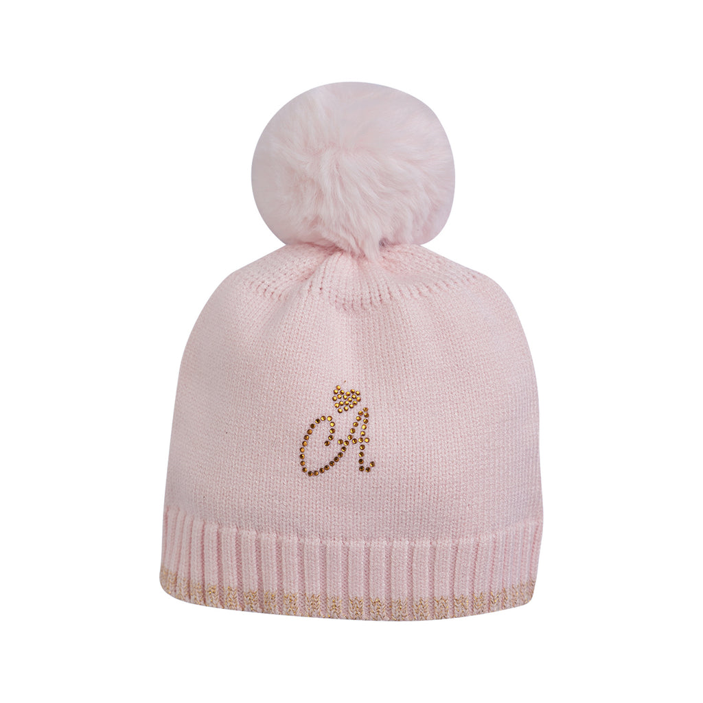 AW23 Little A EMBERLY Baby Pink & Gold Logo Knitted Pom Pom Hat