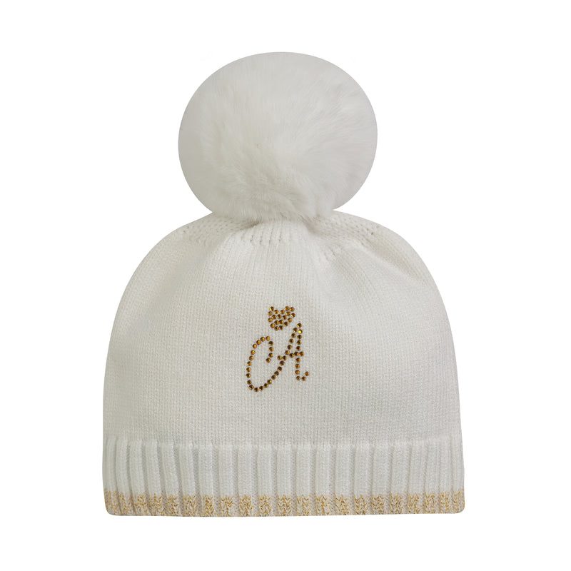 AW23 Little A EMBERLY Snow White & Gold Logo Knitted Pom Pom Hat