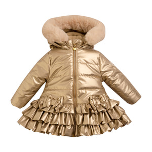 AW23 Little A FAITH Light Gold Faux Fur Trimmed Padded Bow Frill Jacket / Coat