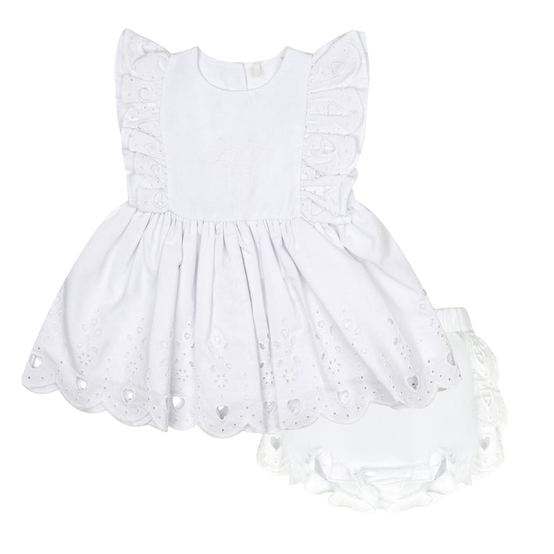 SS24 Little A JUNIPER Bright White Broderie Anglaise Dress & Knickers Set