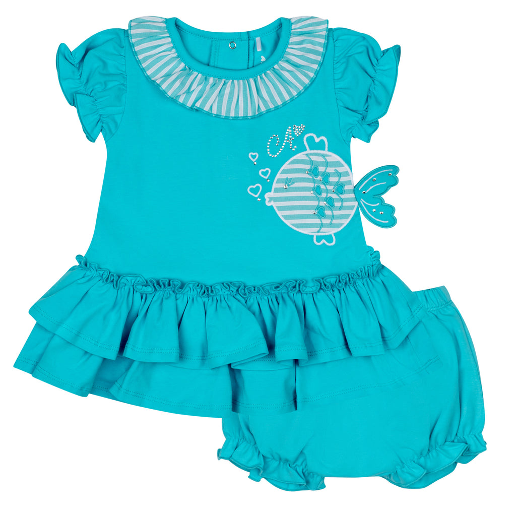 SS24 Little A KIM Aruba Blue Fish Dress & Knickers Set