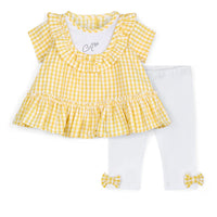 SS25 Little A BECKY Yellow & White Checked Bow Frill Leggings Set