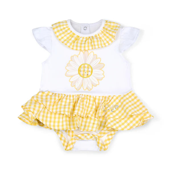SS25 Little A BILLIE White & Yellow Checked Daisy Frill Romper
