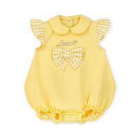 SS25 Little A BAILEY Yellow Seersucker Bow Logo Frill Romper