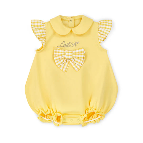 SS25 Little A BAILEY Yellow Seersucker Bow Logo Frill Romper