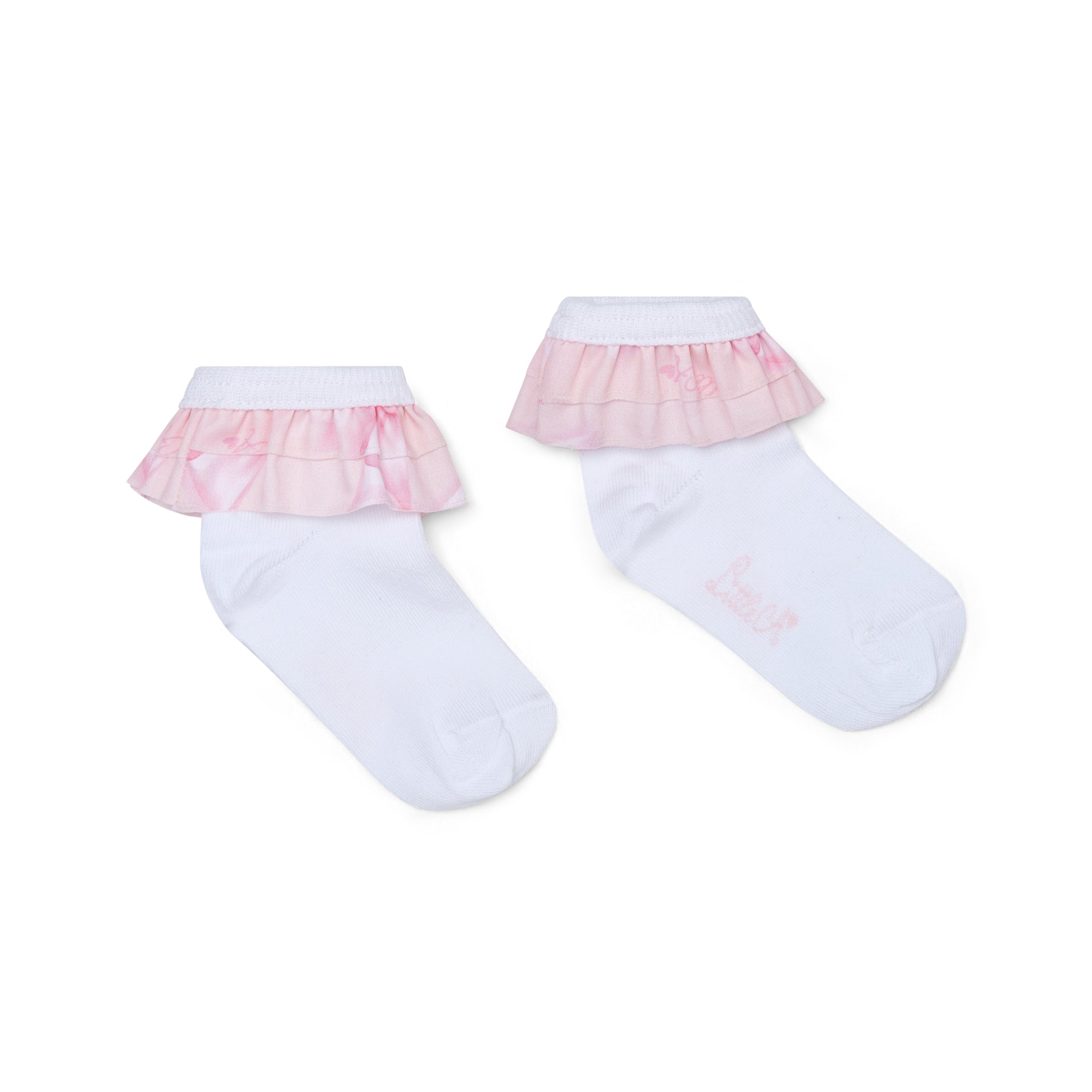 PREORDER SS26 Little A ODETTE White & Pink Bow Print Frill Ankle Socks