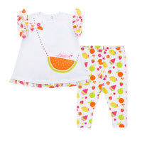 PREORDER SS26 Little A PALMER White Multicoloured Fruit Print Leggings Set