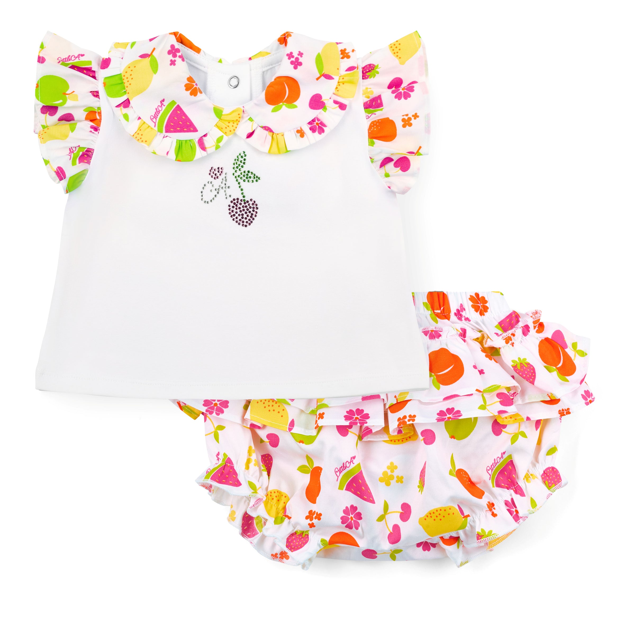 PREORDER SS26 Little A PIPPA White Multicoloured Fruit Print Jam Pants Set