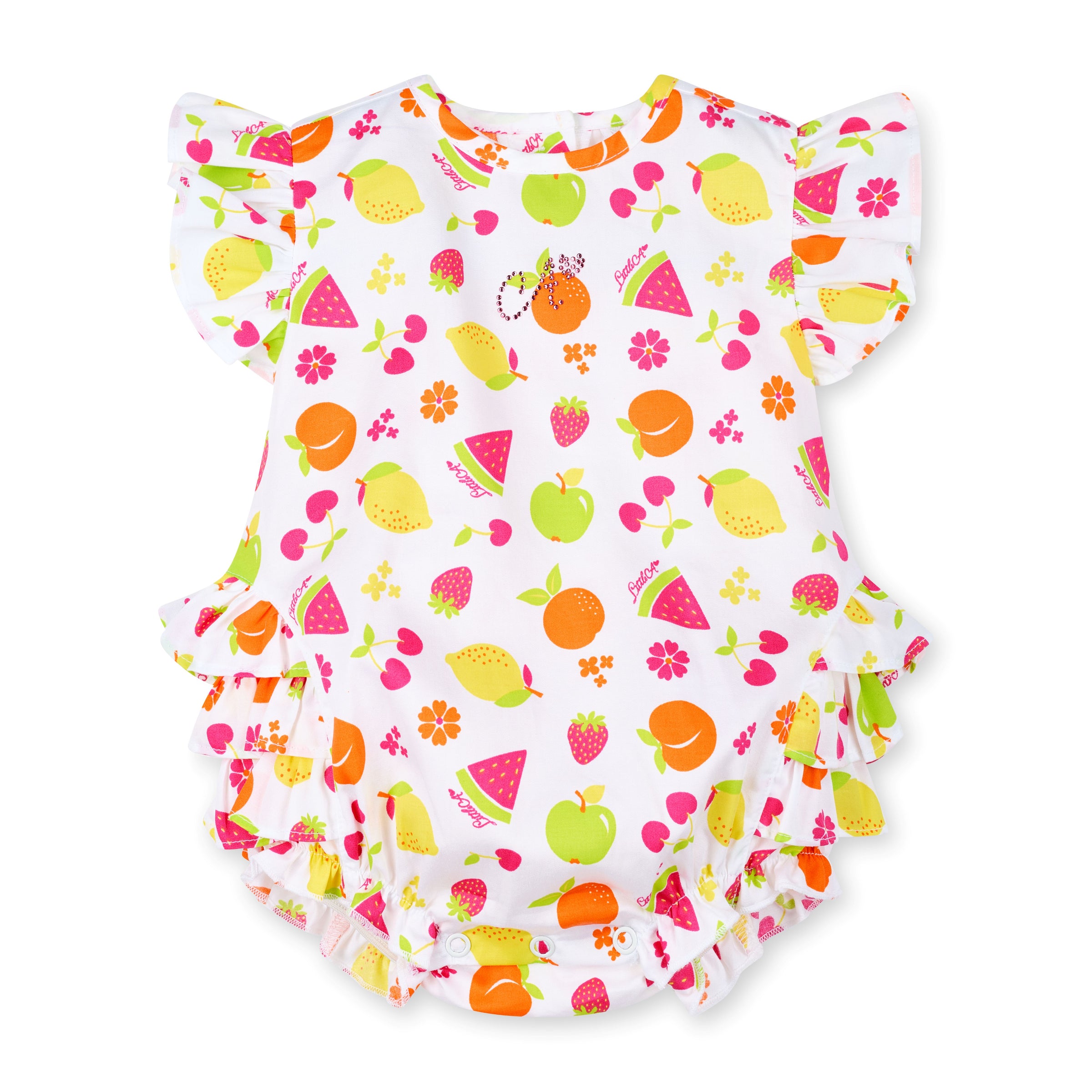 PREORDER SS26 Little A PALOMA White Multicoloured Fruit Print Romper