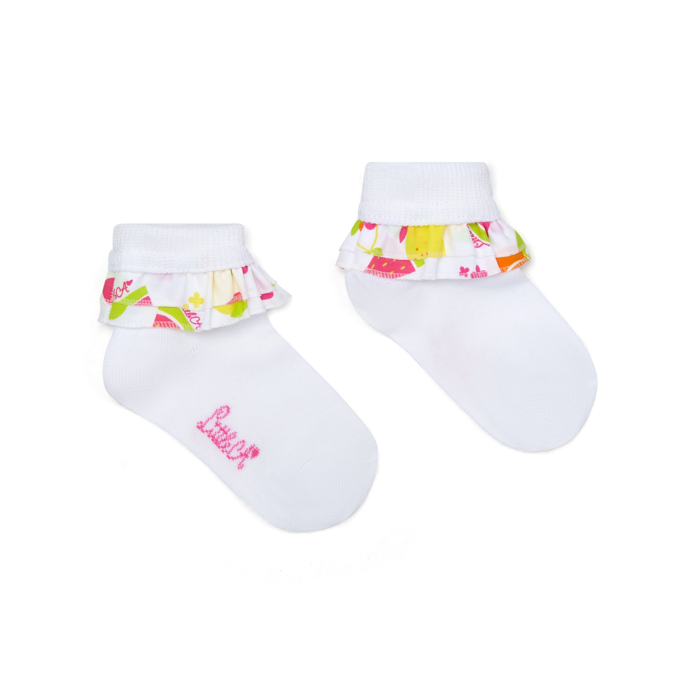 PREORDER SS26 Little A POPPY White Multicoloured Fruit Print Frill Ankle Socks