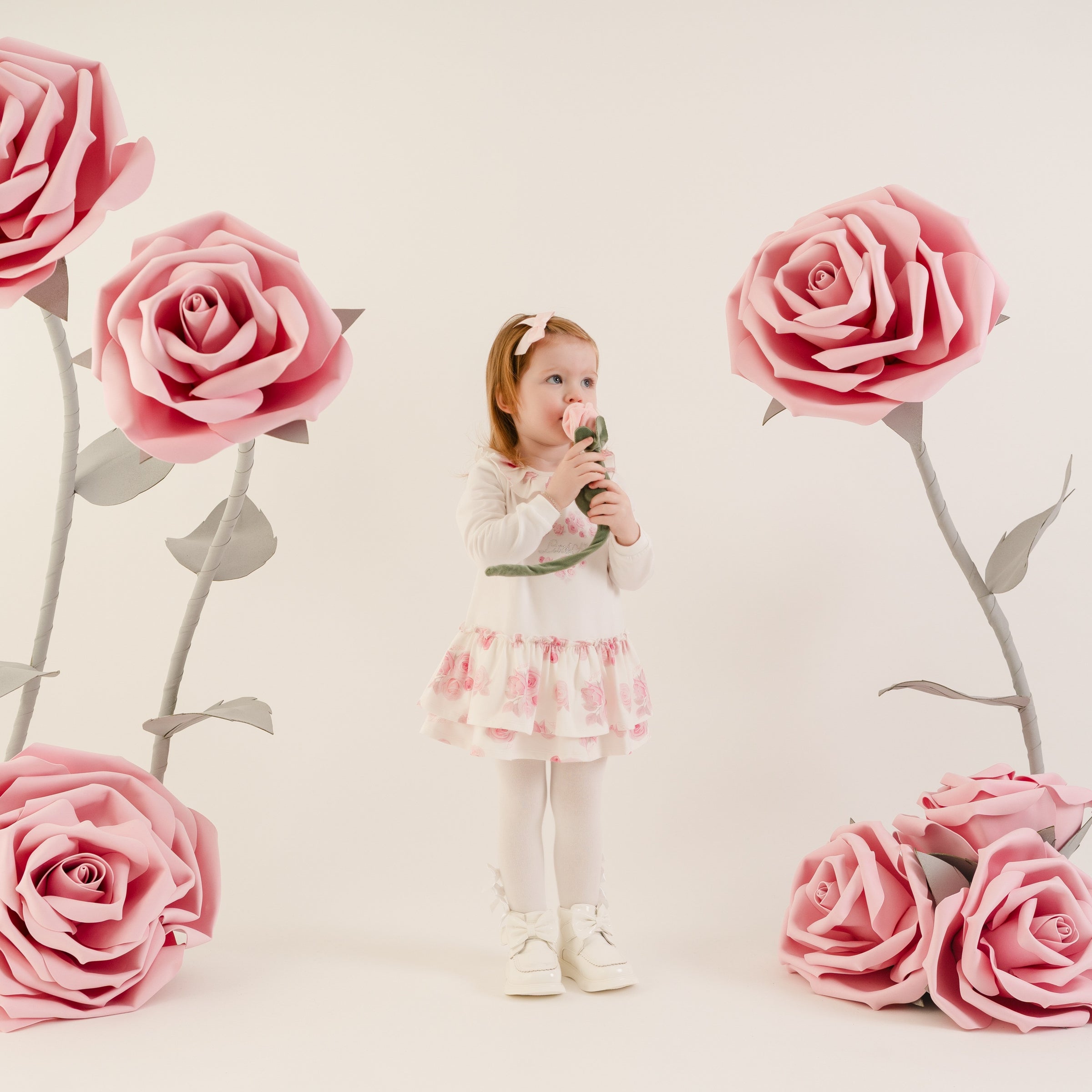 Little A Girls DARLA White Rose Print Dress
