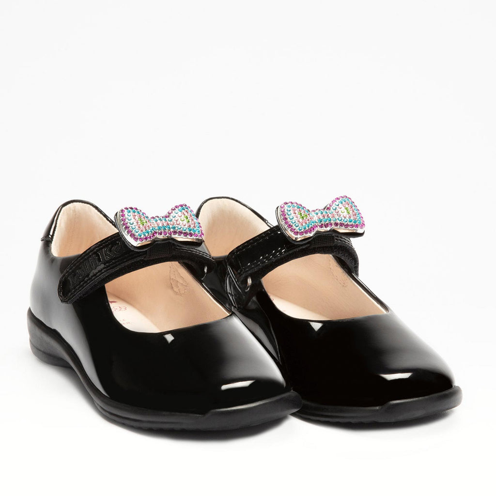 AW23 Lelli Kelly ERIN Black Patent Leather Multicoloured Bow School Shoes