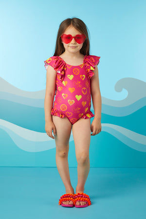 SS24 ADee DORI Hot Pink Colour Block Heart Print Swimsuit