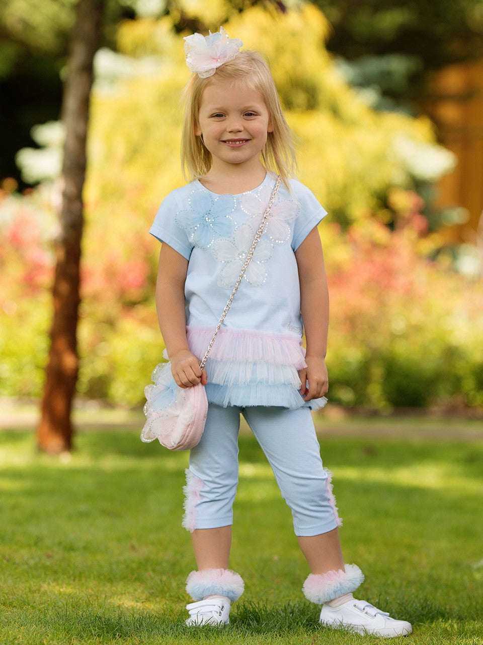 PREORDER SS26 Daga Blue Pink & White Floral Sequin Tulle Leggings Set