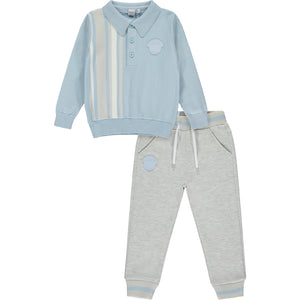 AW23 Mitch & Son NINO Sky Blue Grey & White Striped Knitted Polo & Trousers Set