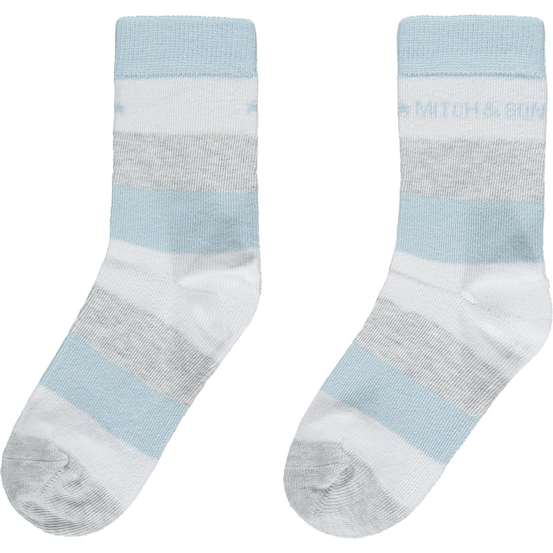 AW23 Mitch & Son NEVADA Sky Blue White & Grey Striped Logo 2 Pack Of Socks