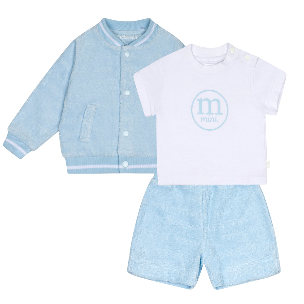 SS24 Mitch & Son Mini SEBASTIAN Sky Blue Terry Towelling Sweatshirt & Short 3 Piece Set