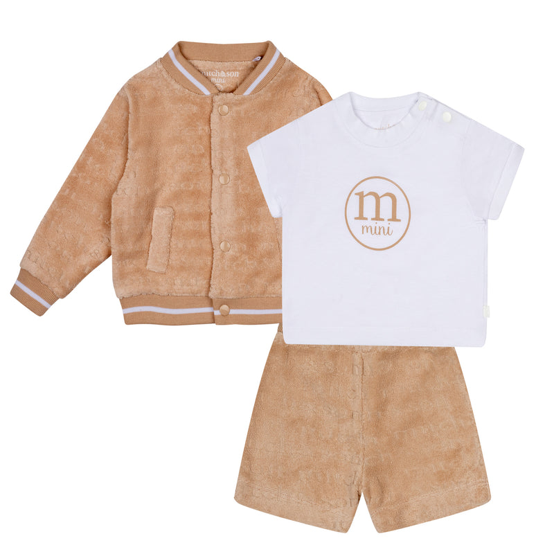 SS24 Mitch & Son Mini SEBASTIAN Sand Terry Towelling Sweatshirt & Short 3 Piece Set