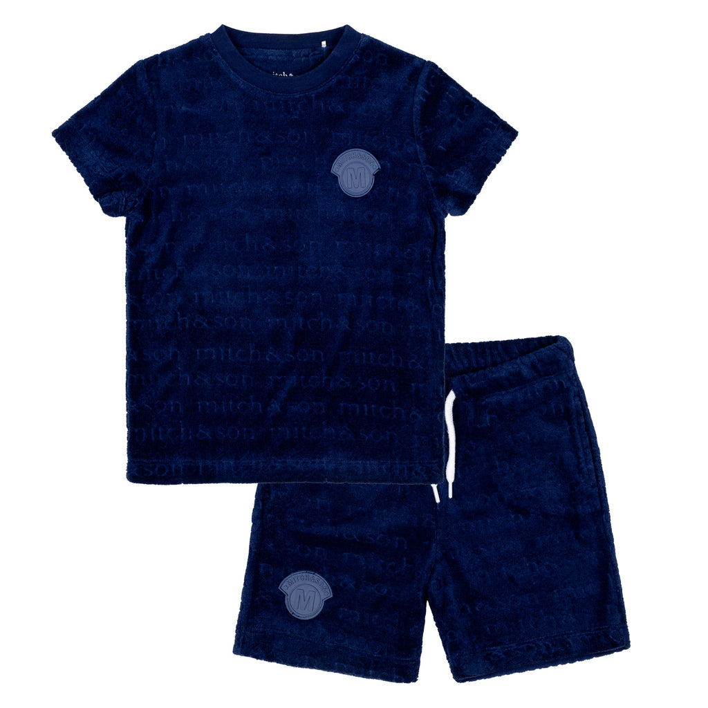 SS24 Mitch & Son Junior WADE Blue Navy Logo Print Terry Towelling Short Set