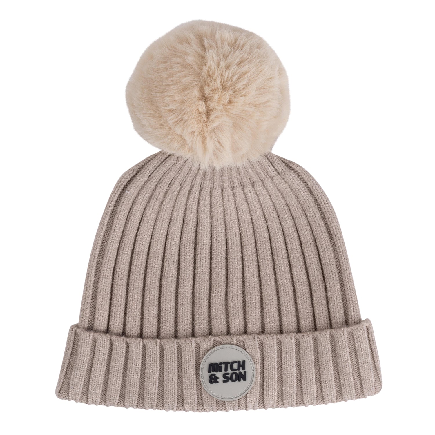 Mitch & Son Junior CADEN Stone Grey Faux Fur Logo Pom Pom Hat