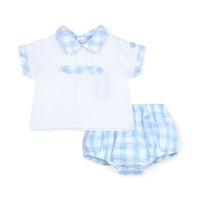 SS25 Mitch & Son Mini ELIO Blue & White Gingham Polo Jam Pants Set